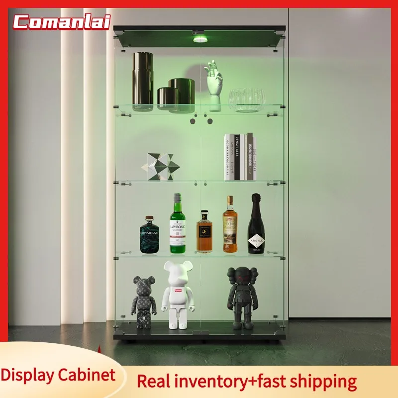 Comanlai Vitrine en verre à 4 niveaux, vitrine en verre avec éclairage et serrure, pour entrée, salon, chambre à coucher, noir/blanc