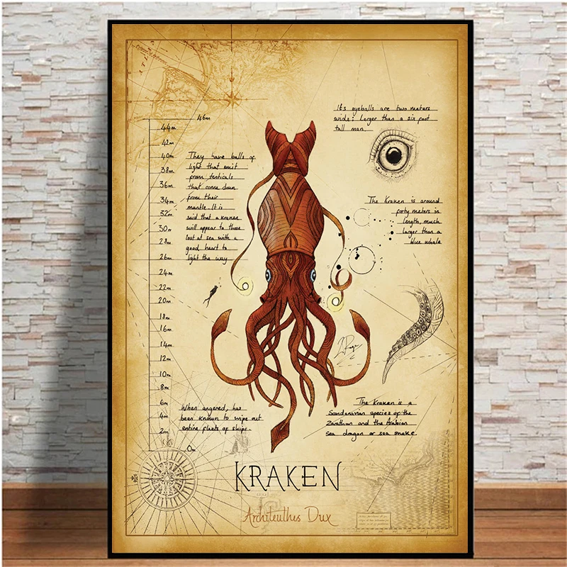 Retro Mythical Monster Kraken Griffin Zaratan Illustration Poster Print Canvas Painting Vintage Wall Art For Room Home Decor