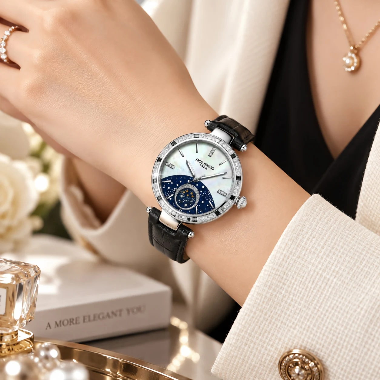 ROLENDO Luxury Automatic Mechanical Watch Women Starry Dial 50M Waterproof Leather Strap Elegant Wristwatch Gift for Women