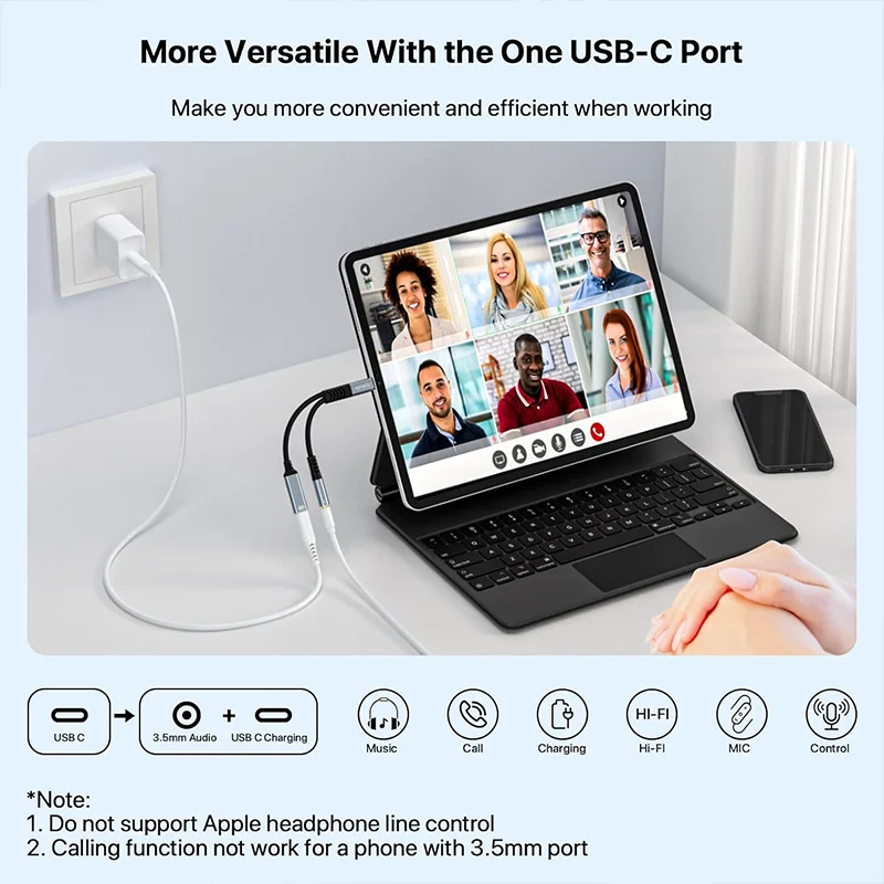 2 في 1 USB C الفاصل إلى 3.5 مللي متر مقبس سماعة الرأس ومحول شاحن PD 60 واط شحن سريع الصوت دونغل آيفون 15/16 سامسونج شيا