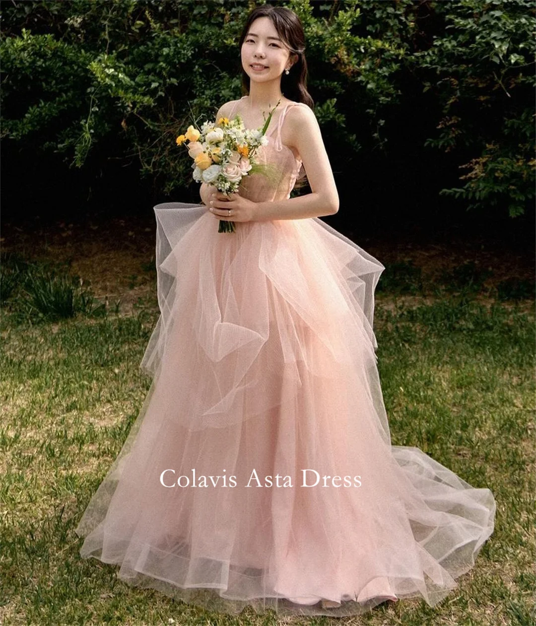 Colavis Asta Photograph Prom Dress Wedding Evening Dresses Customized Tulle Spaghetti Straps Pink  Party Dress Evening Gowns