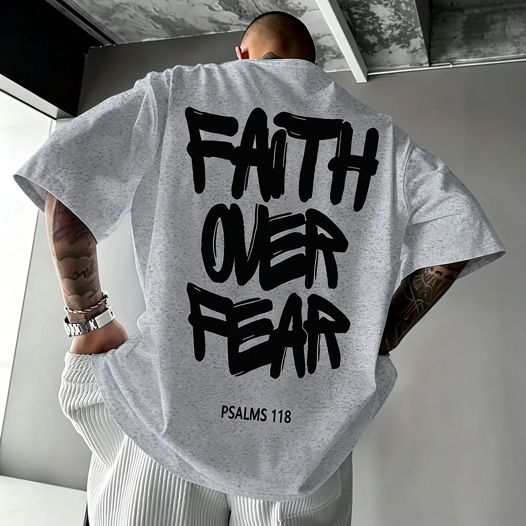 Men's Faith Over Fear Psalms 118 Double Sided Oversized T-Shirt, Heather Grey Graffiti Text Streetwear Casual Tee