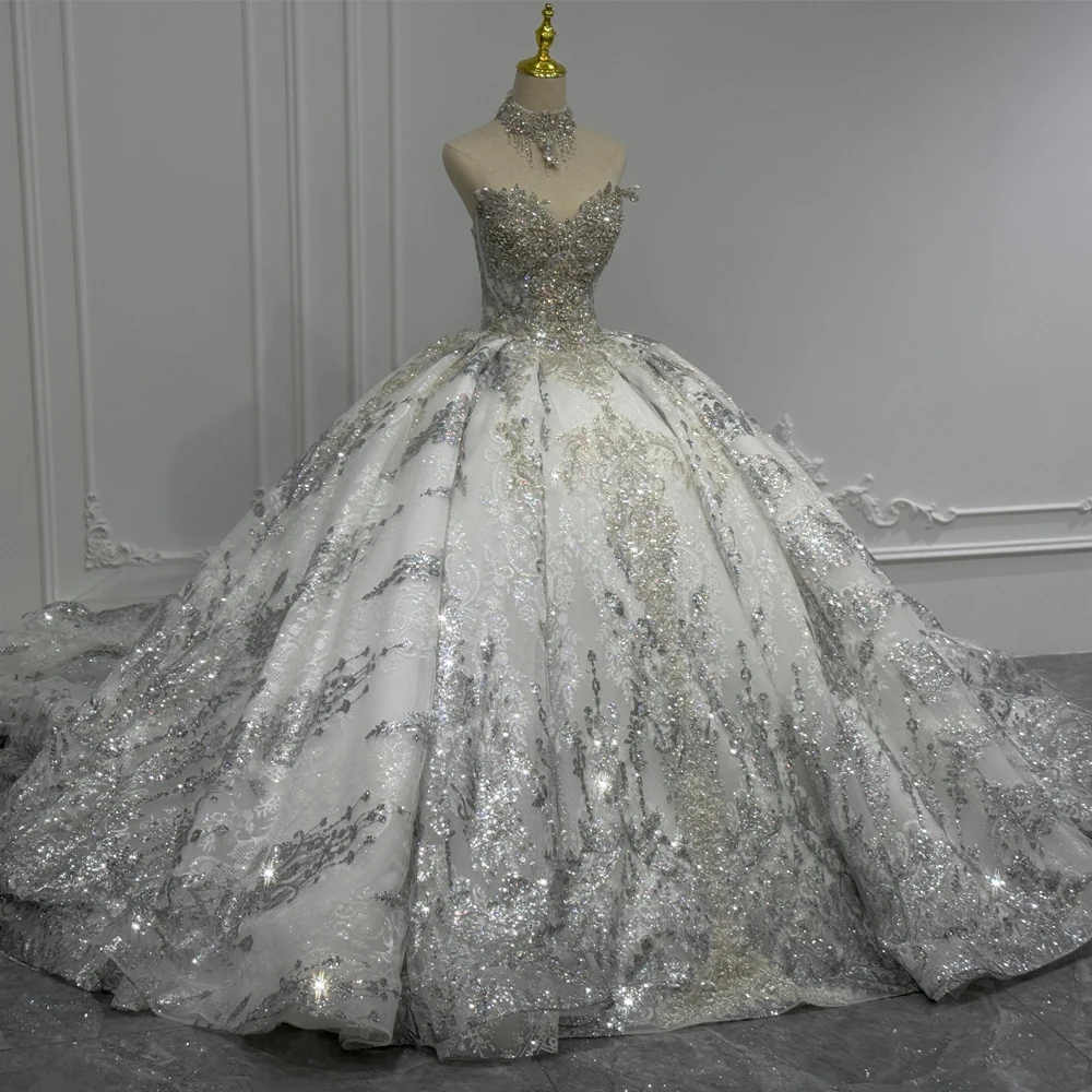 Luxury Silver Wedding Dress wi - Embroidery Organza ulasan dan harga