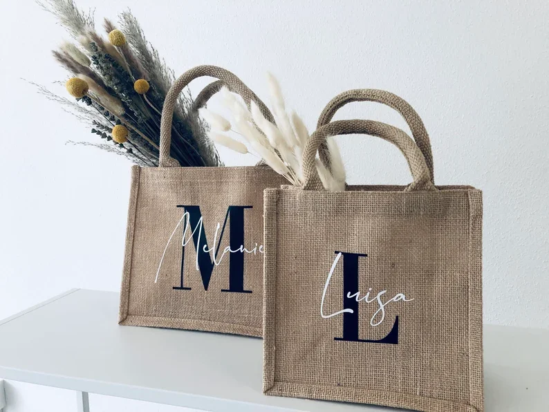 Sac en Jute avec Initiales Personnalisé, Cadeau de Demoiselle d'Honneur, d'Anniversaire, de ixdes Mères, de Shopping