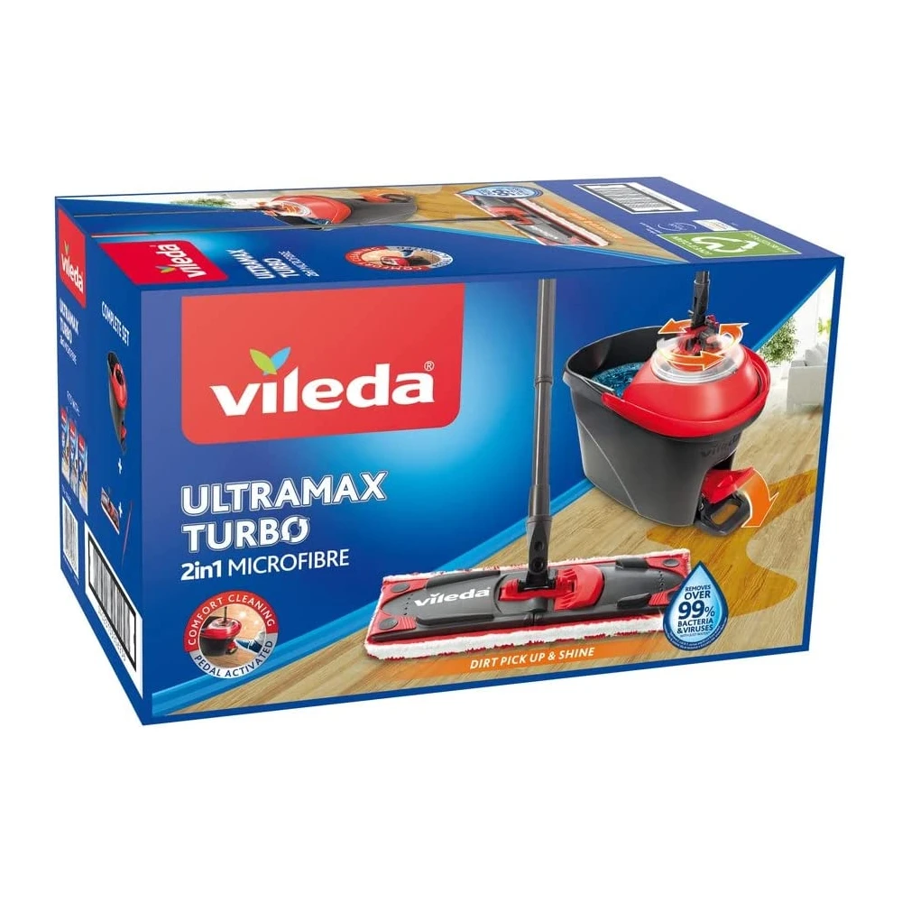 

Vileda Turbo Mop Cleaning Bucket Pedal Kit Wash Floor Microfiber Cloth Wet Dry Hands Free Crimping