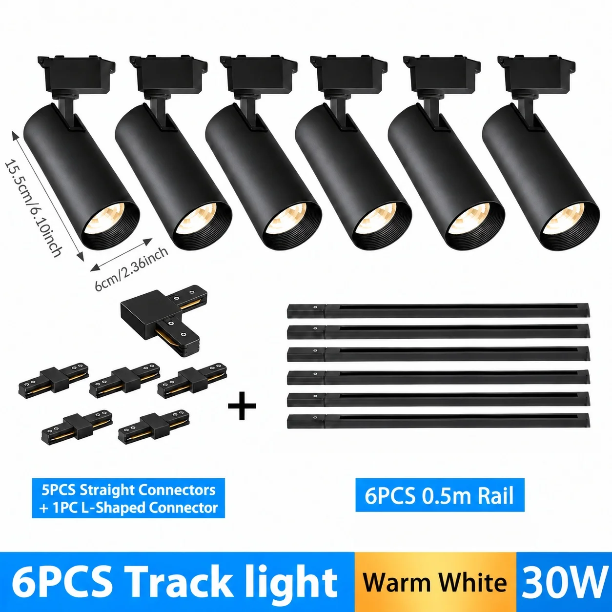 LED-spoorverlichtingsset, zwart, met 4 of 6 spots, inclusief 0,5 m lange rails en verbindingsstukken, 20W, 30W, 40W, plafondspoorverlichtingsset, 350. ° Verstelbaar