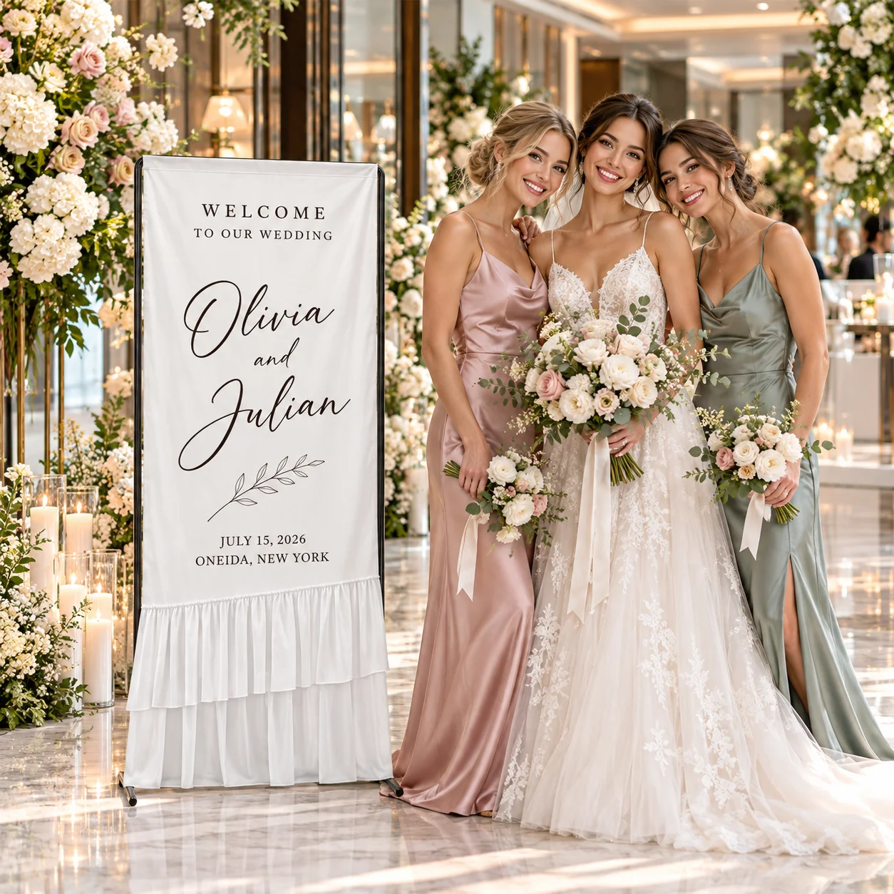 1pc Custom Text Trailing Welcome Cloth Backdrop - Two-layer Hem, Ruffled Chiffon Wedding Banner, Soft Romantic Ceremony Decor