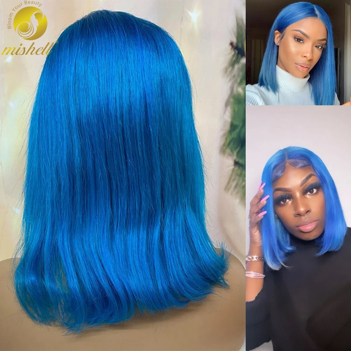 

13x4 Transparent Lace Frontal Short Wigs 180% Density Blue Straigt Bob Human Hair Wigs for Women Brazilan PrePlucked Remy Hair