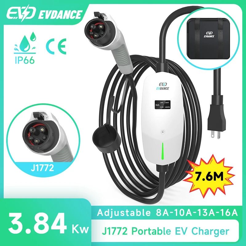 EVDANCE Portable Electric Vehicles Chargers 16A Type1 OLED Display Car Electric Devices with US Plug 25ft 3.5Kw Charging Cable