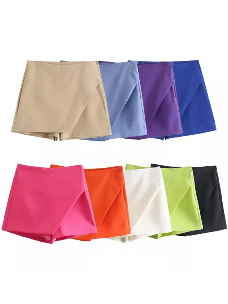 Willshela moda damska asymetryczne spodenki spódnice wysokiej talii kieszenie z tyłu boczny zamek błyskawiczny Vintage kobiece Skort solidne — zdjęcie 2
