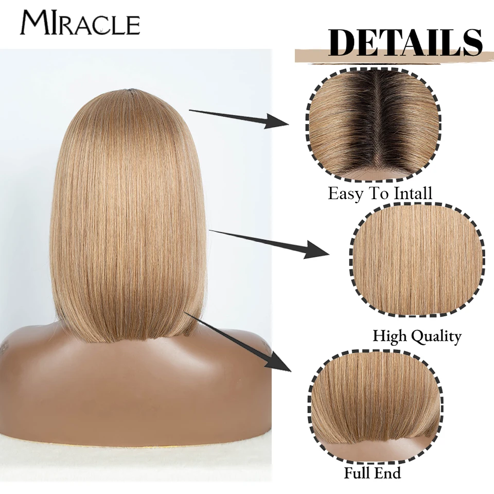 MIRACLE-Perruque Lace Front Synthétique Droite pour Femme Noire, Perruques Bob Courtes, Perruque Lace Middle Part, Perruques Cosplay, 12 en effet,