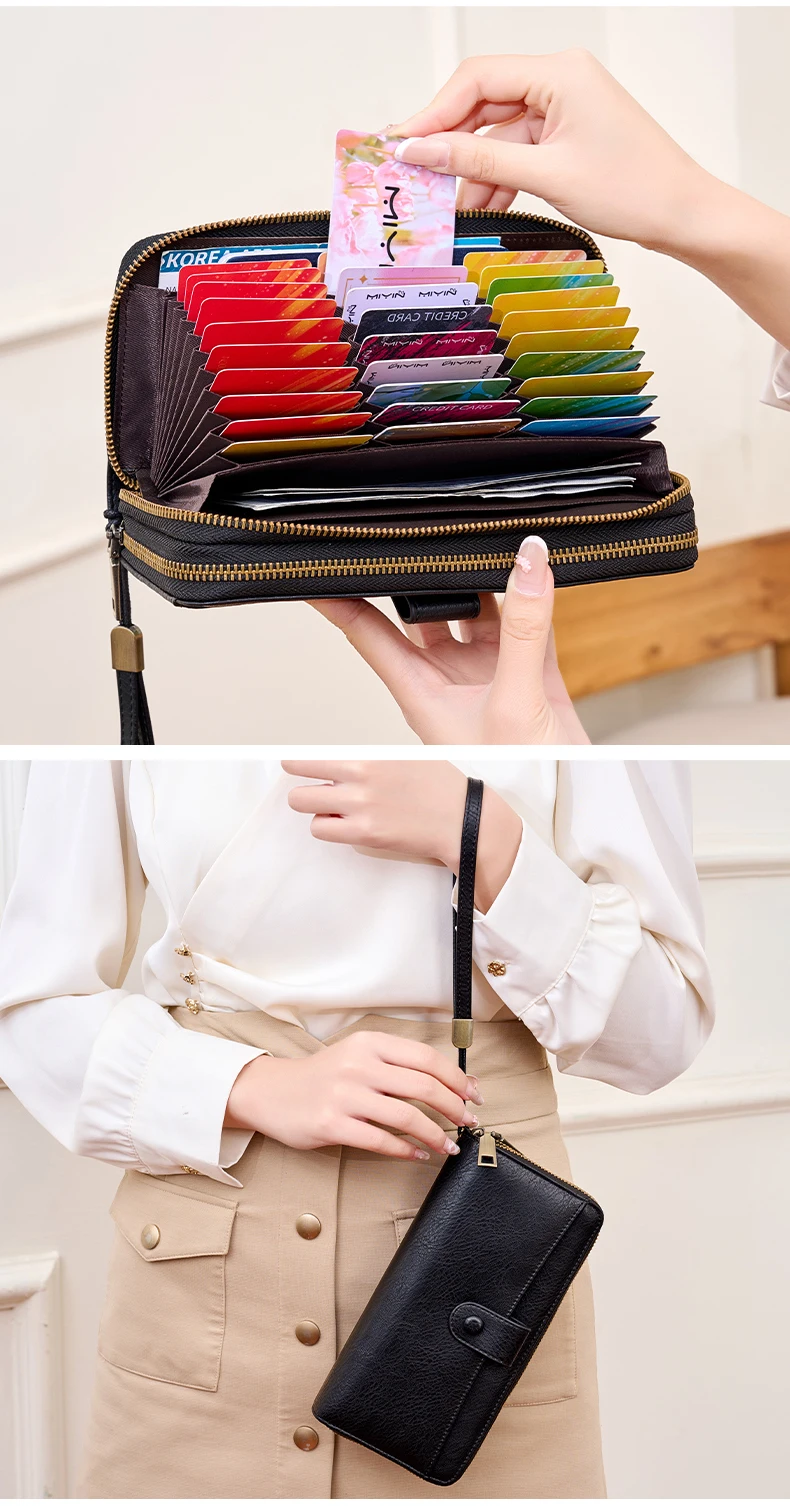 Stilvolle Damen-Langbörse mit Doppelreißverschlüssen, großer Kapazität, Akkordeon-Kartenhalter, Clutch, Retro-PU-Leder-Münzbörse, Unisex – Detail 14