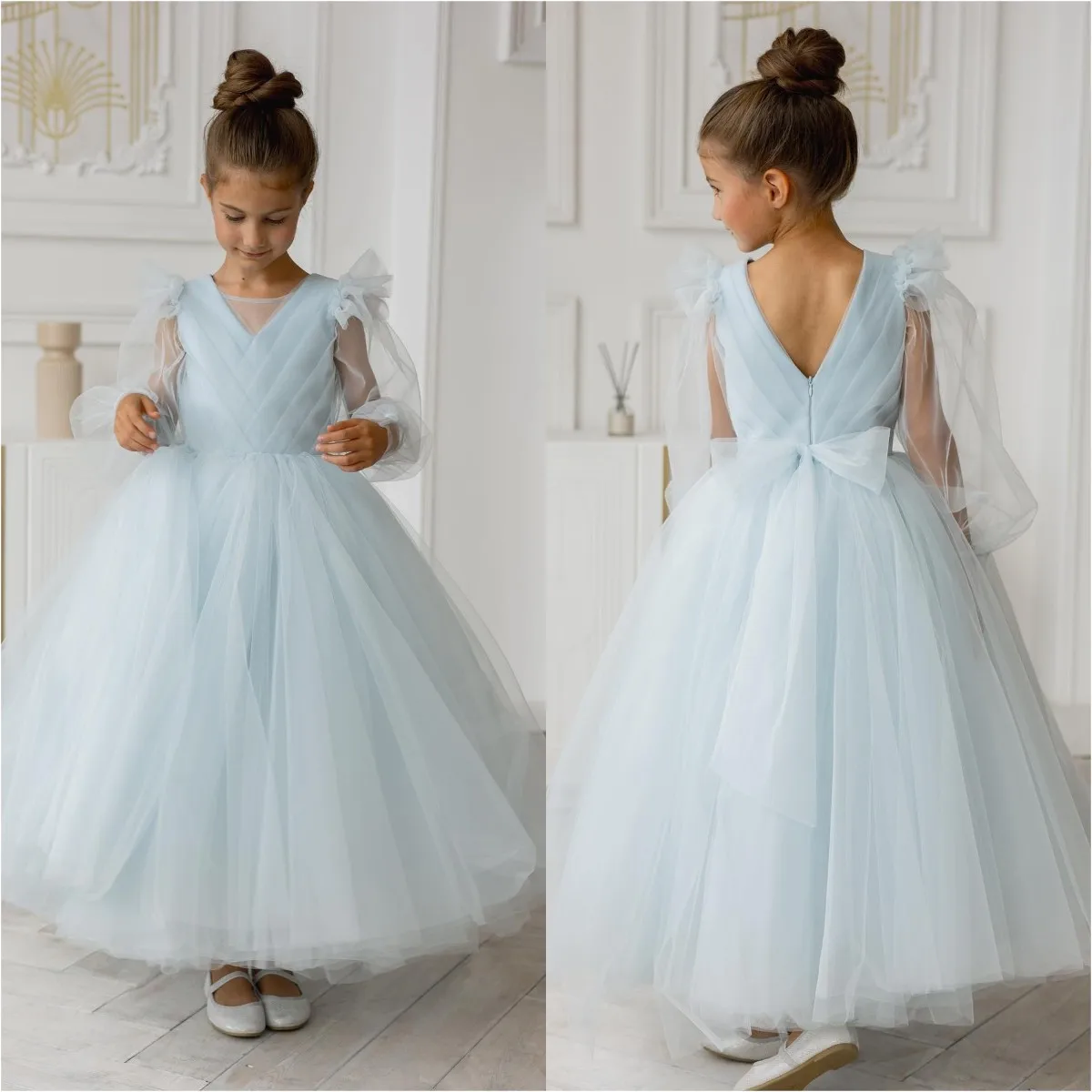 

Light Blue Flower Girl Dresses For Wedding Long Sleeve Litter Kids Toddler Pageant Dress for photoshoot First Communion Dress