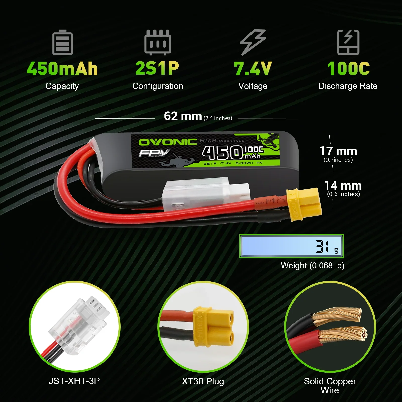 OVONIC 2S 450mAh 7.4V LiPo Battery 100C High Discharge XT30 Plug 4PCS, for Tinywhoop Cinewhoop Brushless Whoop FPV Racing Drone