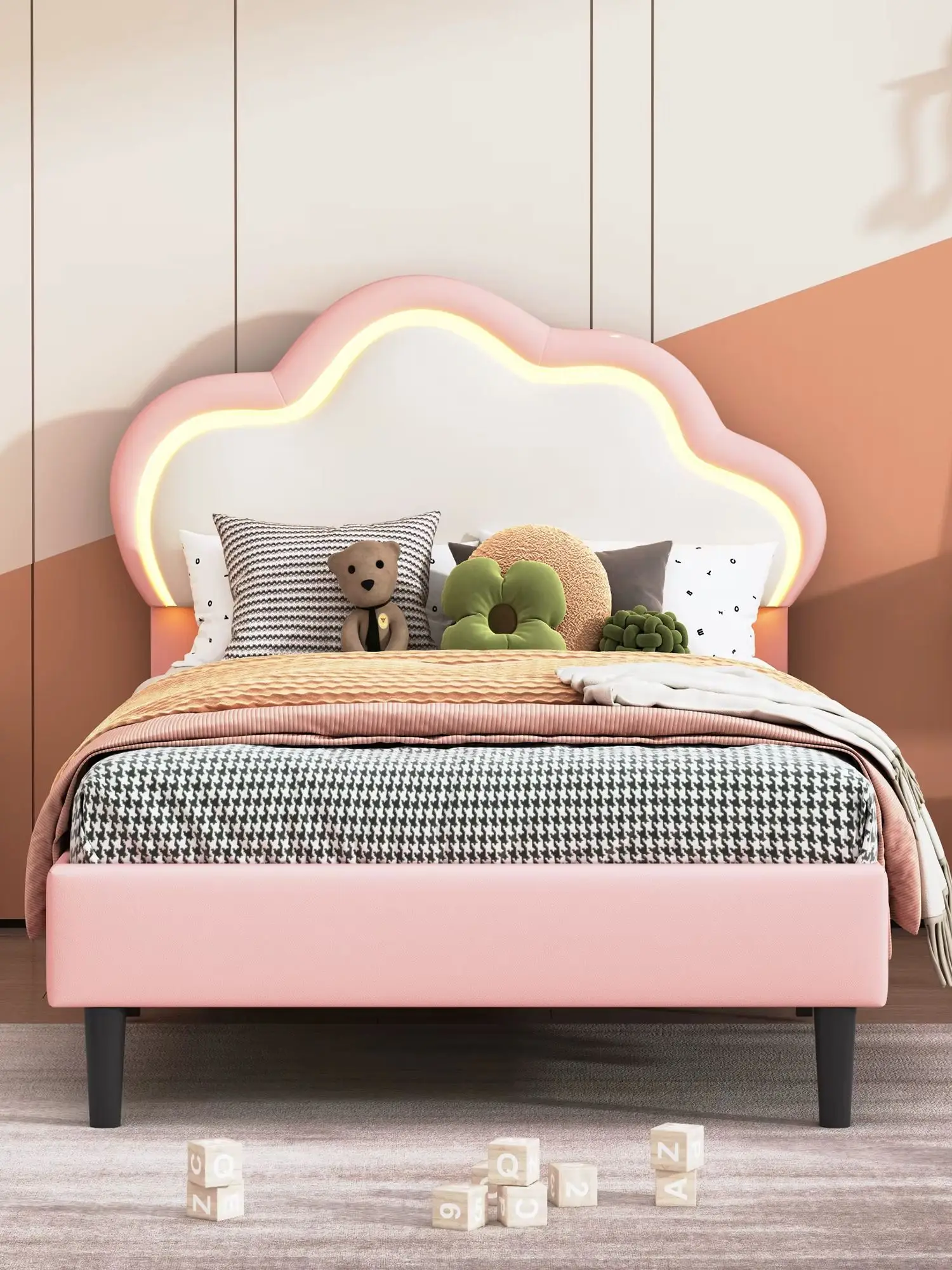 Anajqaqia 90 x 200 cm großes gepolstertes Kinderbett, Einzelbettgestell mit wolkenförmigem gepolstertem Kopfteil, leicht zu reinigender Stoff, Kinderzimmerbett, Rosa