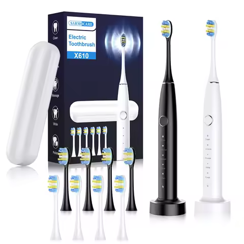 Sarmocare Electric Sonic Toothbrush with 6 Pcs Replacement Heads Rechargeable Waterproof Oral Care Electronic Tooth Brushes
