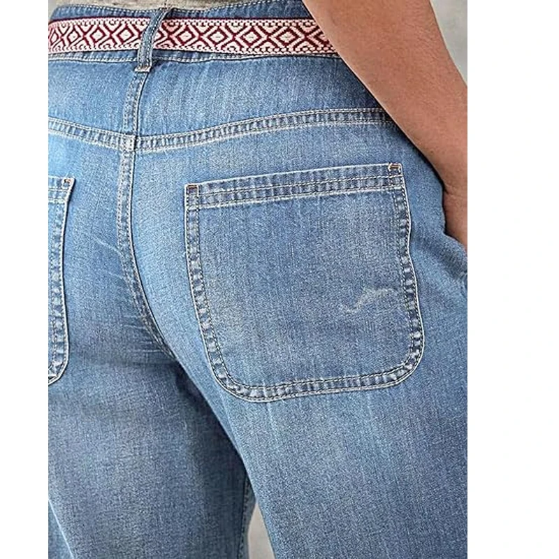 ヴィンテージスタイルのレディースクロップドデニムジーンズ、綿75%、ポリエステル23%、スパンデックス2%、ミディアムストレッチフレンチボタンフライローライズジーンズ