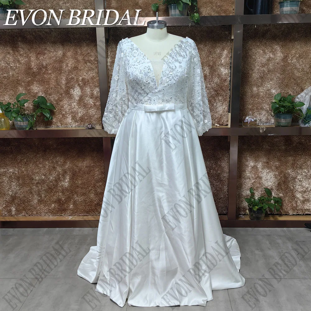 EVON BRIDAL V-Neck Plus Size Wedding Dresses For Women Puff Sleeves Sequin Bride Gown With Pockets Classic Satin Bridal Dresses