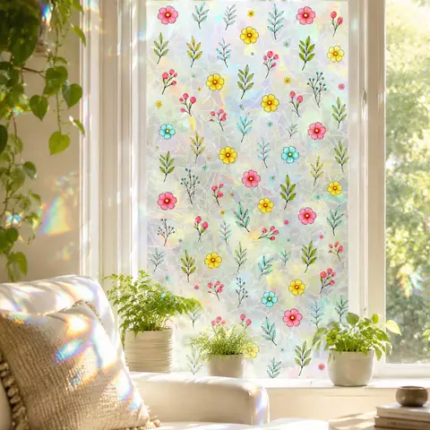 3D Rainbow Window Privacy Film Static Cling Colorful Floral Glass Stickers Non Adhesive  Window Vinyl for Living Room Bedroom