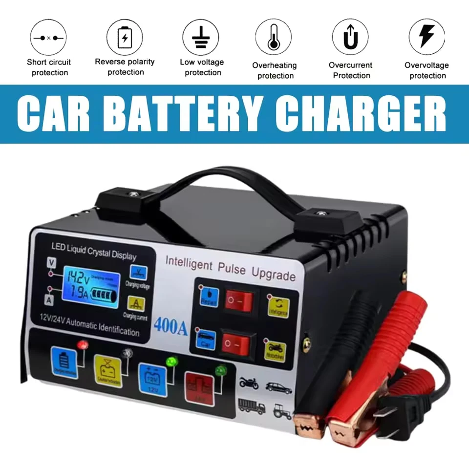 Cargador de Baterías para Auto y Moto 12A/9A 12V/24V, Cargador Inteligente para Baterías de Litio, AGM, GEL, Plomo-Ácido y LiFePO4