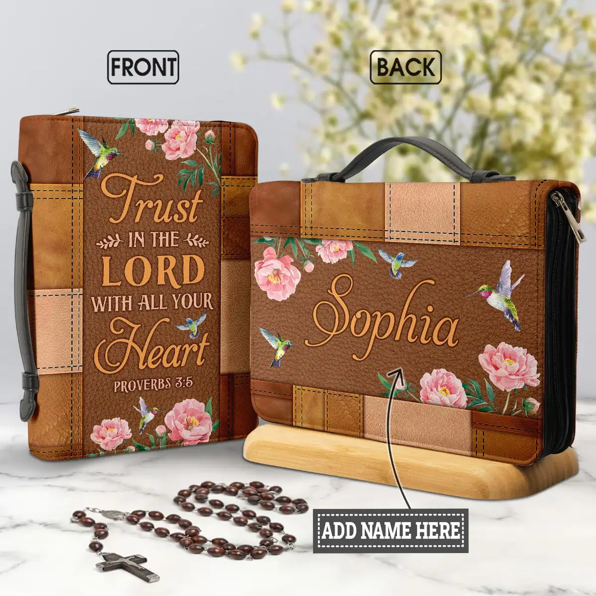 2023 Personalized Bible Cover Rose and Hummingbird Bible Verse Print Carry Bag Protective Leather Bible Storage Bag for Women