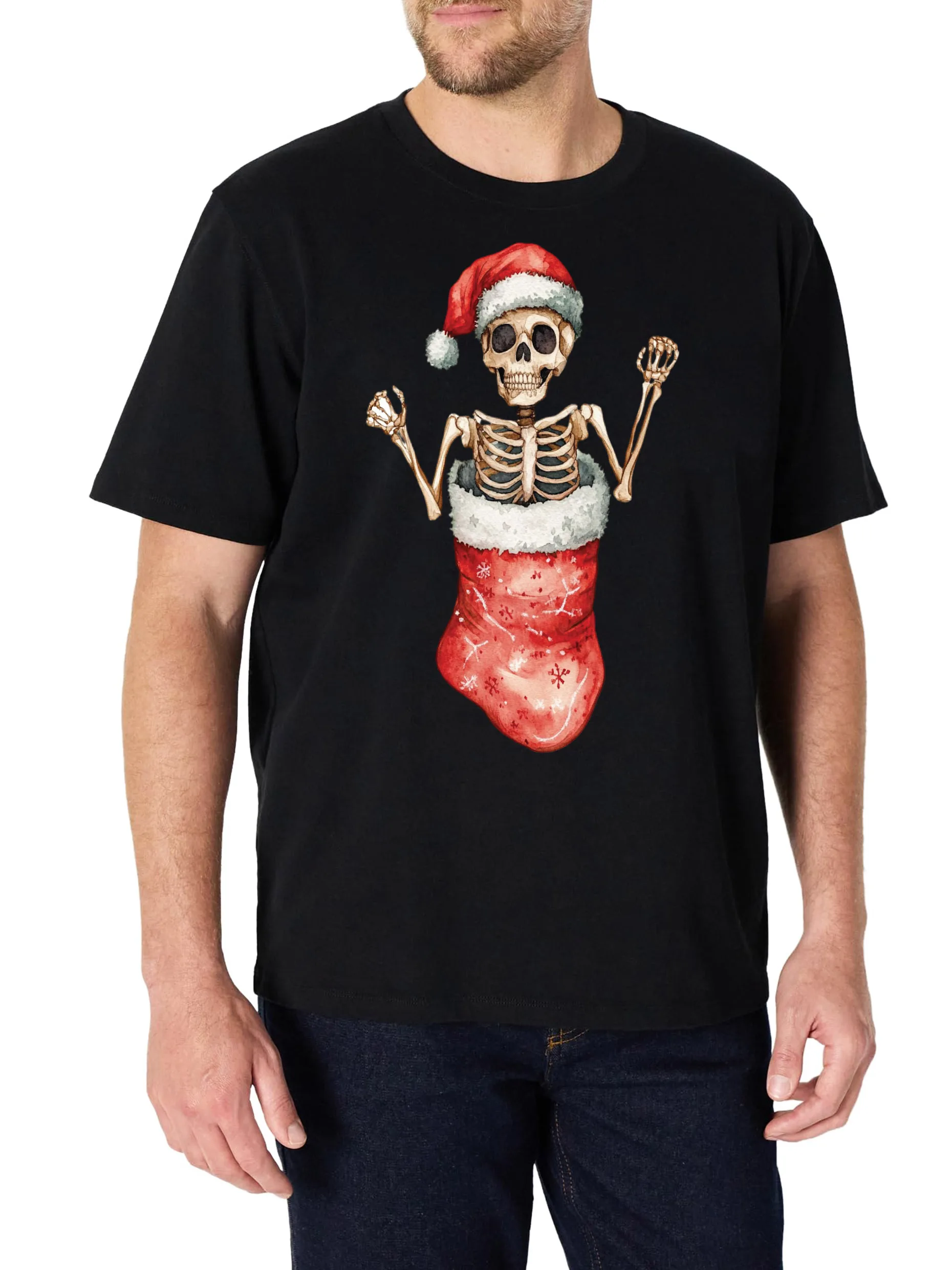 تي شيرت رجالي بتصميم مطبوع على شكل جمجمة، أسود بأكمام قصيرة ورقبة دائرية، 100% قطن