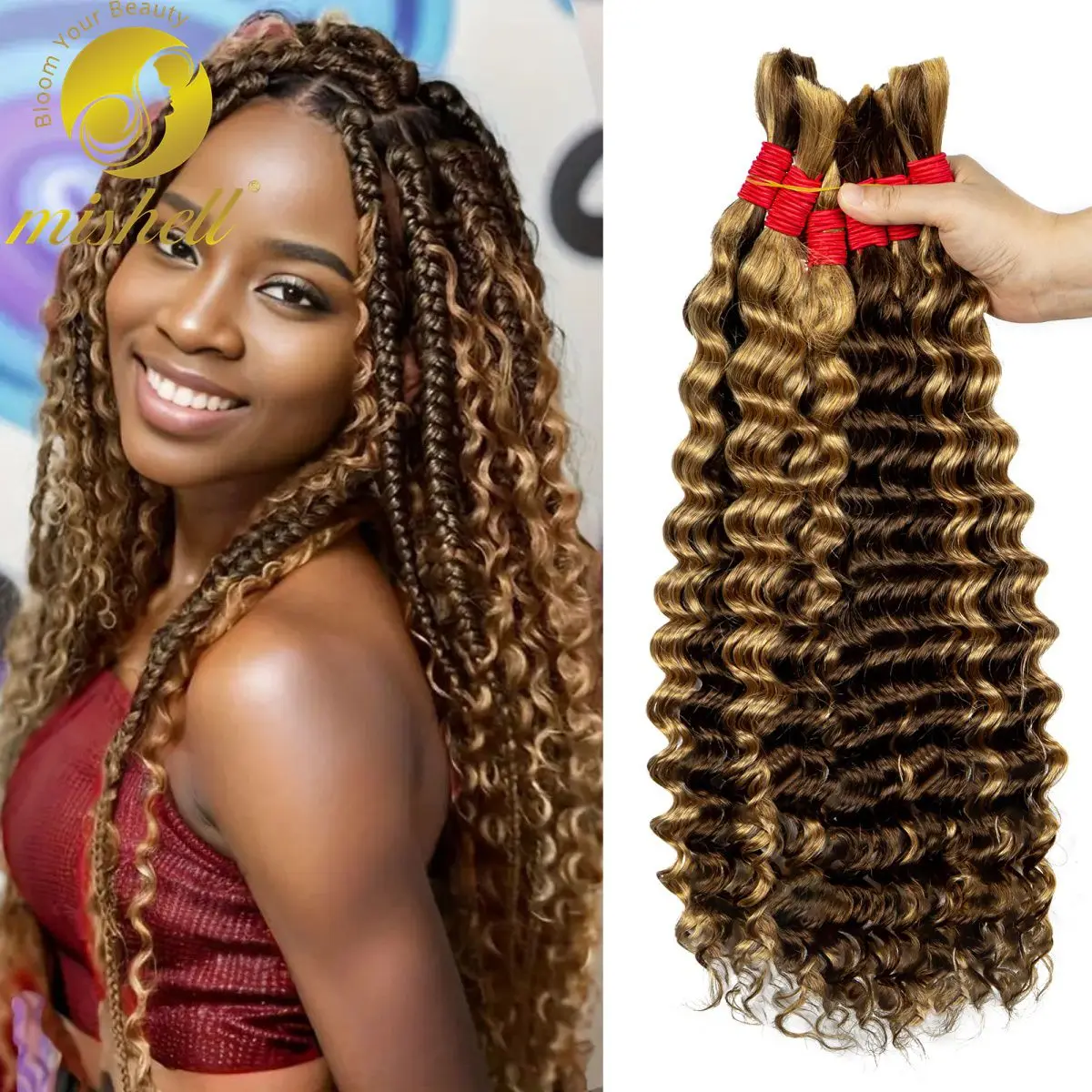 

4/27 Highlight Ombre Deep Wave Boho Braids Human Hair Bulk No Weft 100% Brazilian Human Hair Bundles Full Ends For Boho Braids