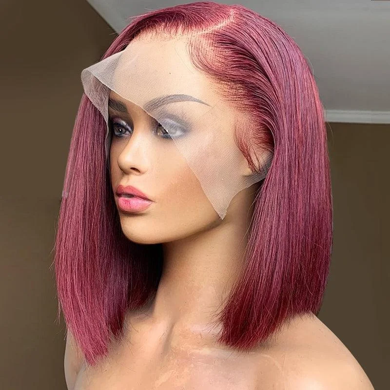 Vietnamese Super Double Drawn 99J Red Burgundy Color Short Bob Straight Blunt Cut 13X4 Lace Front Unprocessed Human Wigs Pre Plucked For Women With Baby Hair