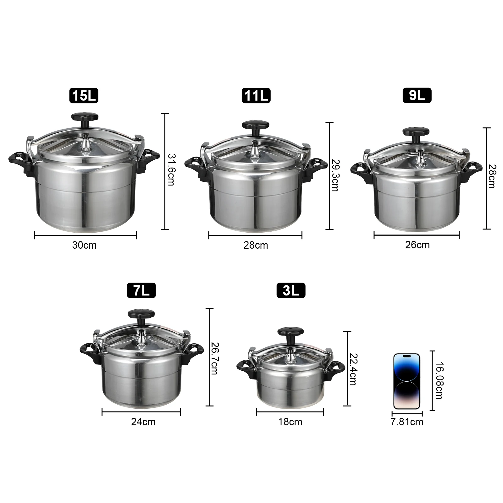 Casserole à pression en aluminium de 3L/4L/5L/7L, uniquement pour gaz, anti-explosion, avec couvercle à fermeture facile