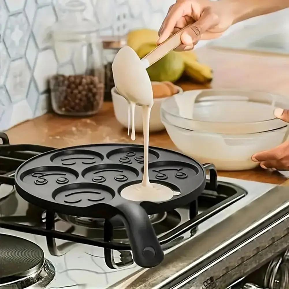 Mini Pancake Maker 7 Holes Non‑Stick Smiley Face Animal Mold Frying Pan For Kids Breakfast Omelet Crepe Griddle Pan PFOA‑Free Cast Aluminum Compatible With Induction Cooker & All Stovetops