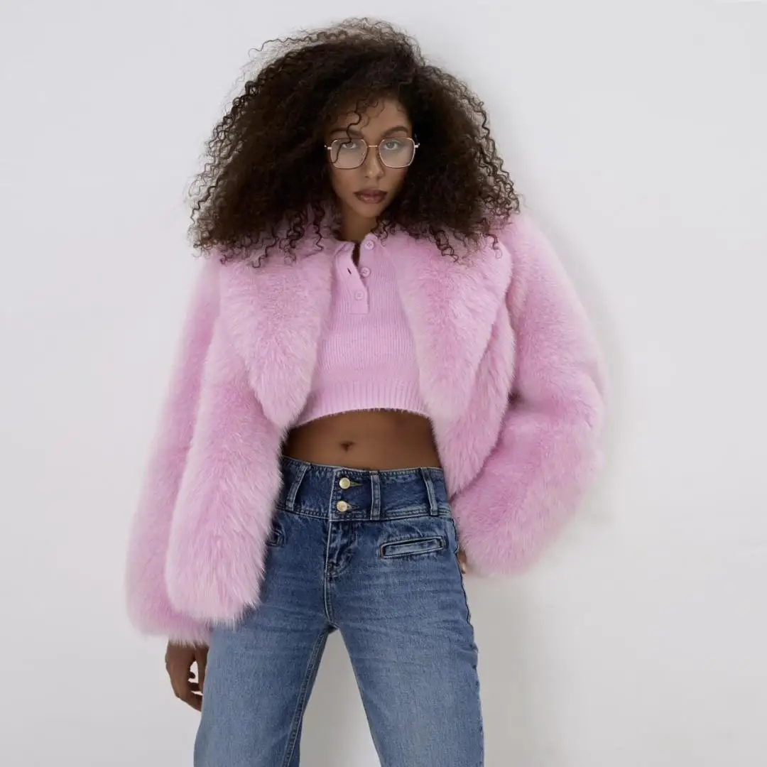 Light Pink Natural Fox Fur Jacket with Turn-down Collar Higt Street Woman Genuine Fox Fur Coat Wholeskin Fur Overcoats Luxury