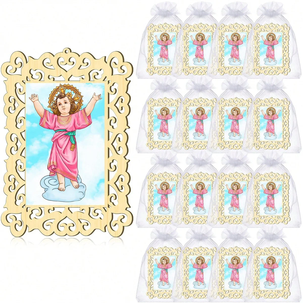 12 peças de Figurinhas de Madeira do Divino Menino Jesus com Sacos de Tule Transparentes, Presentes Gravados para Comunhão e Batismo