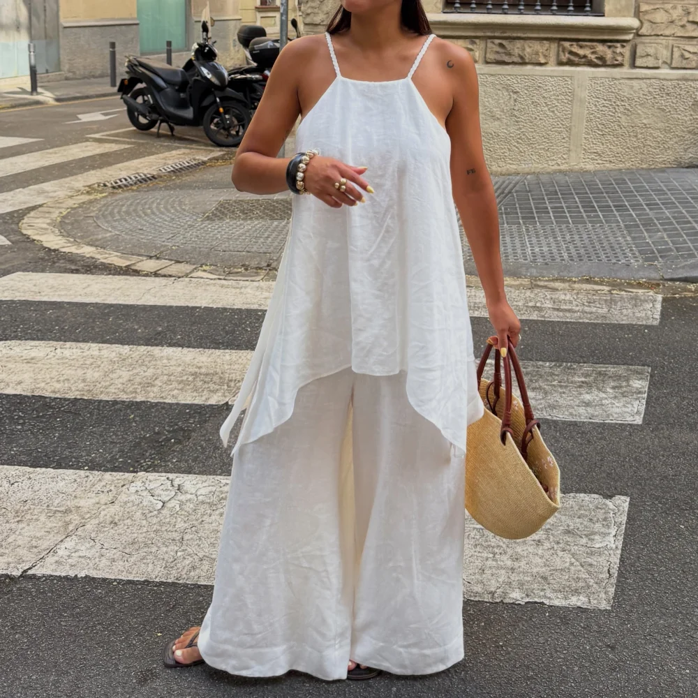 Women Summer White Matching Set Double Strap Sleeveless Asymmetric Top High Waist Wide Leg Long Pants 2 Piece Party Outfits