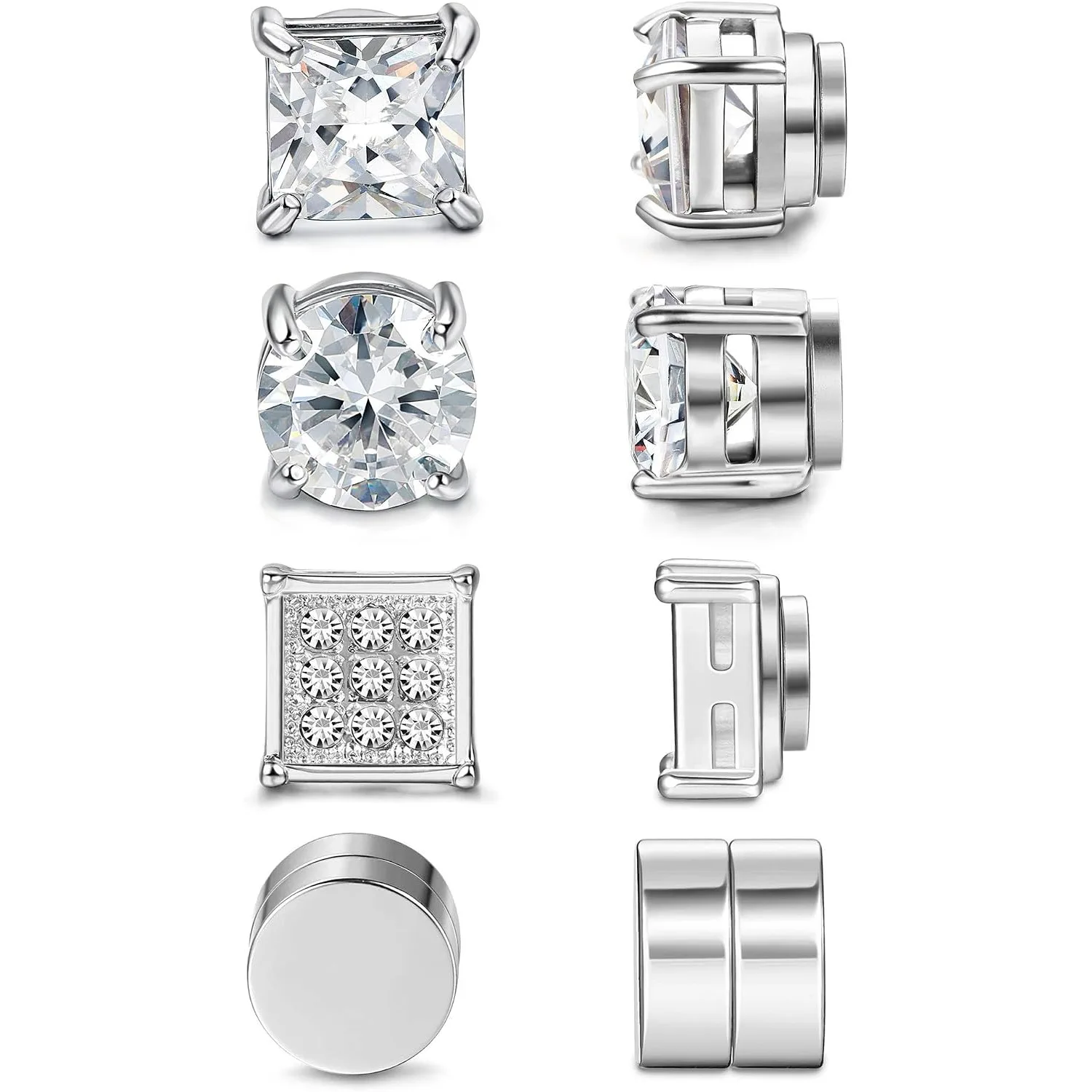 4 Pairs Surgical Stainless Steel Gold/Silver Plated 6-8MM CZ Magnetic Non-Piercing Clip On Stud Earrings Set for Men Women Hypoallergenic Strong Magnet Stackable Ear Jewelry Daily Wear Party Holiday Birthday Gift Fashion Accessories