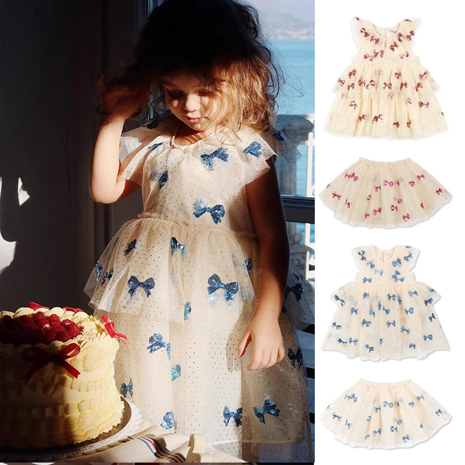 Girls Party Dress 2024 KS Autumn Winter Kids Clothing Bow Pattern Lace and Sequins Pettiskirt Sleeveless Mesh Dress