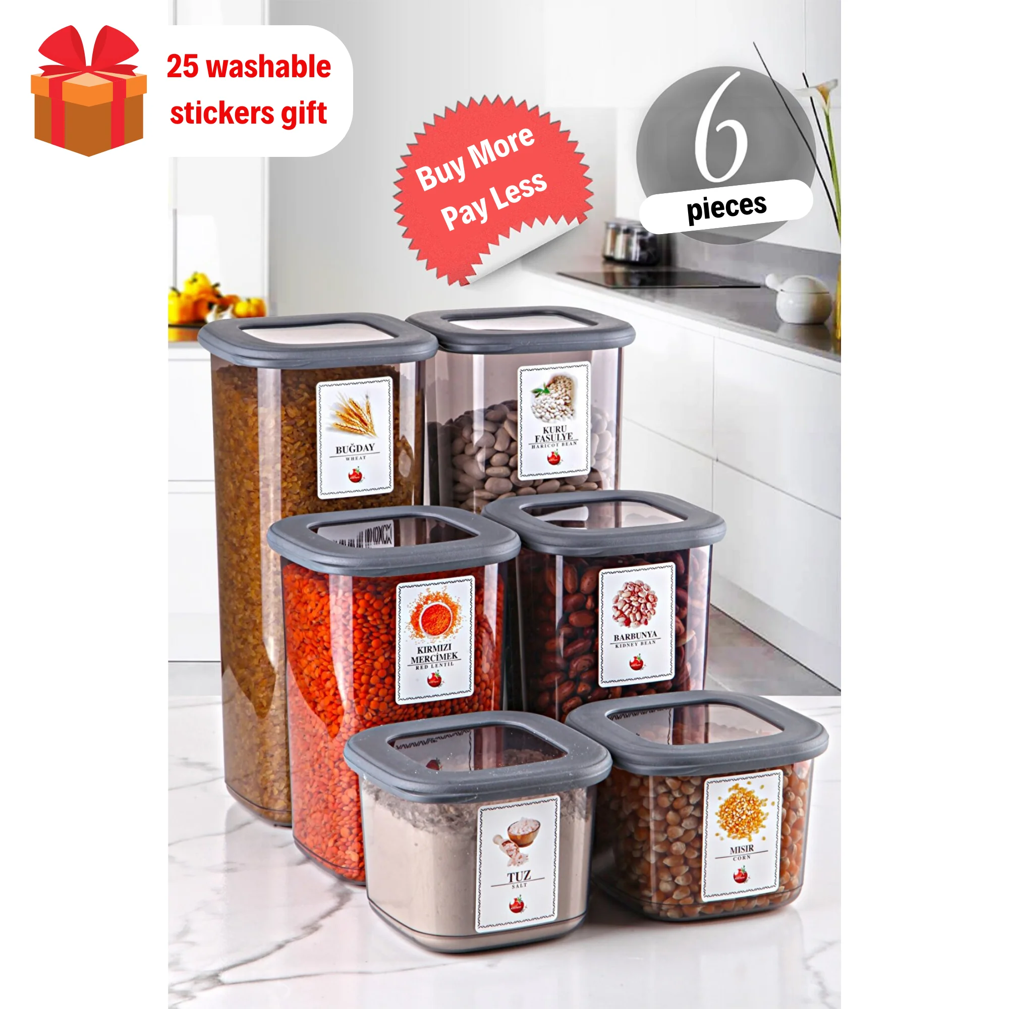 

Kitchen Storage Container Boxes Set Square 6 Pieces Set Food Cookie Organizer Durable Leakproof Vacuum Supply Jars Anthracite