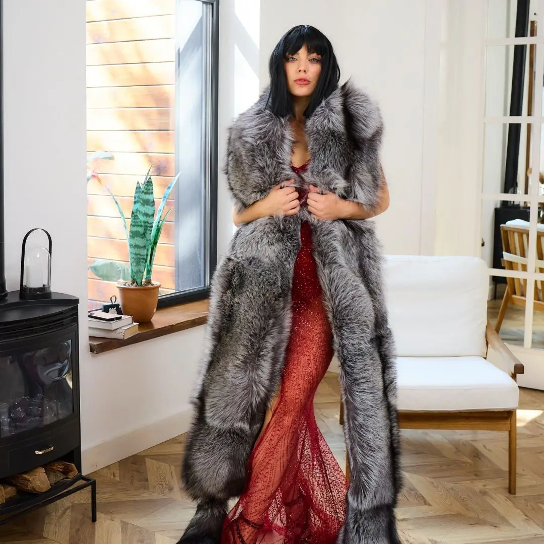 Fashion Long Real Silver Fox Fur Capes High Quality Wholeskin Genuine Silver Fox Fur Scarfs Woman Winter Outwear High Quality