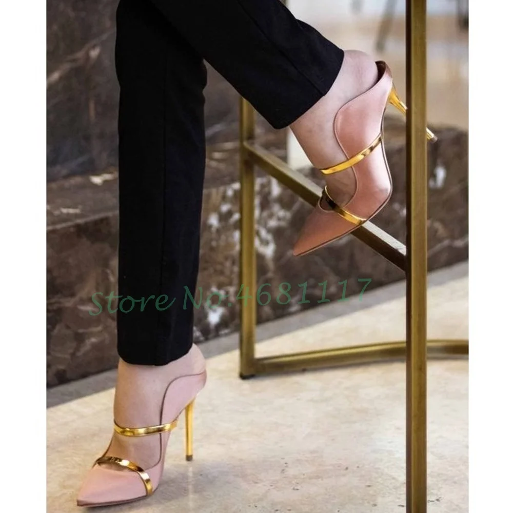 Nude Pink Gold Strap Hollow Mules Elegant Women Heeled Pointy Toe Sexy Pumps Dress Shoes Female Summer Outfit Causal Trend Shoes