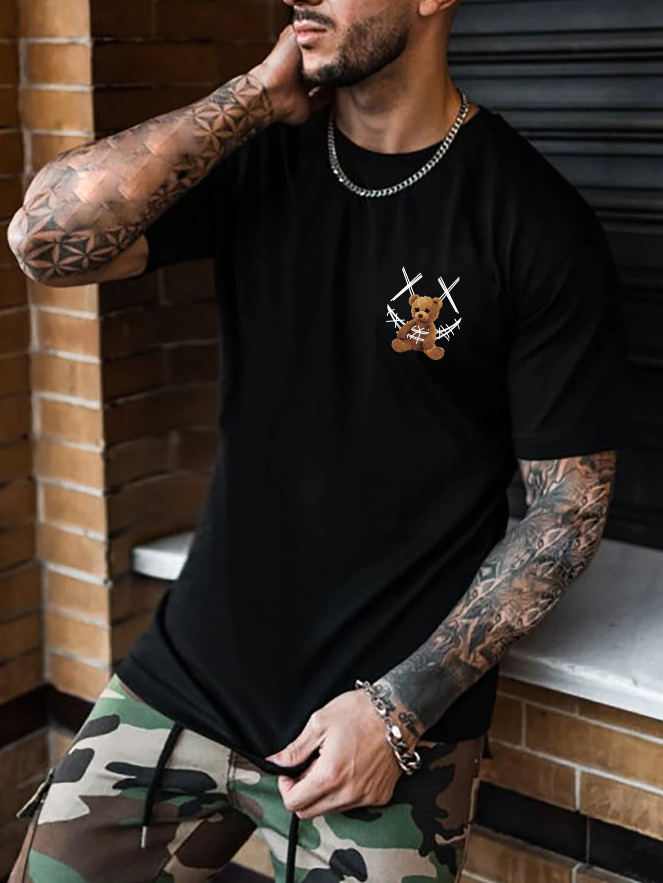 Roughcore Men Bear Graphic Print Short Sleeve Tee, Street Wear, Boyfriend Gift, Black Graphic Tees Men, Men Rapper Tees, Grizzly Tee, Men Graphic Tshirts