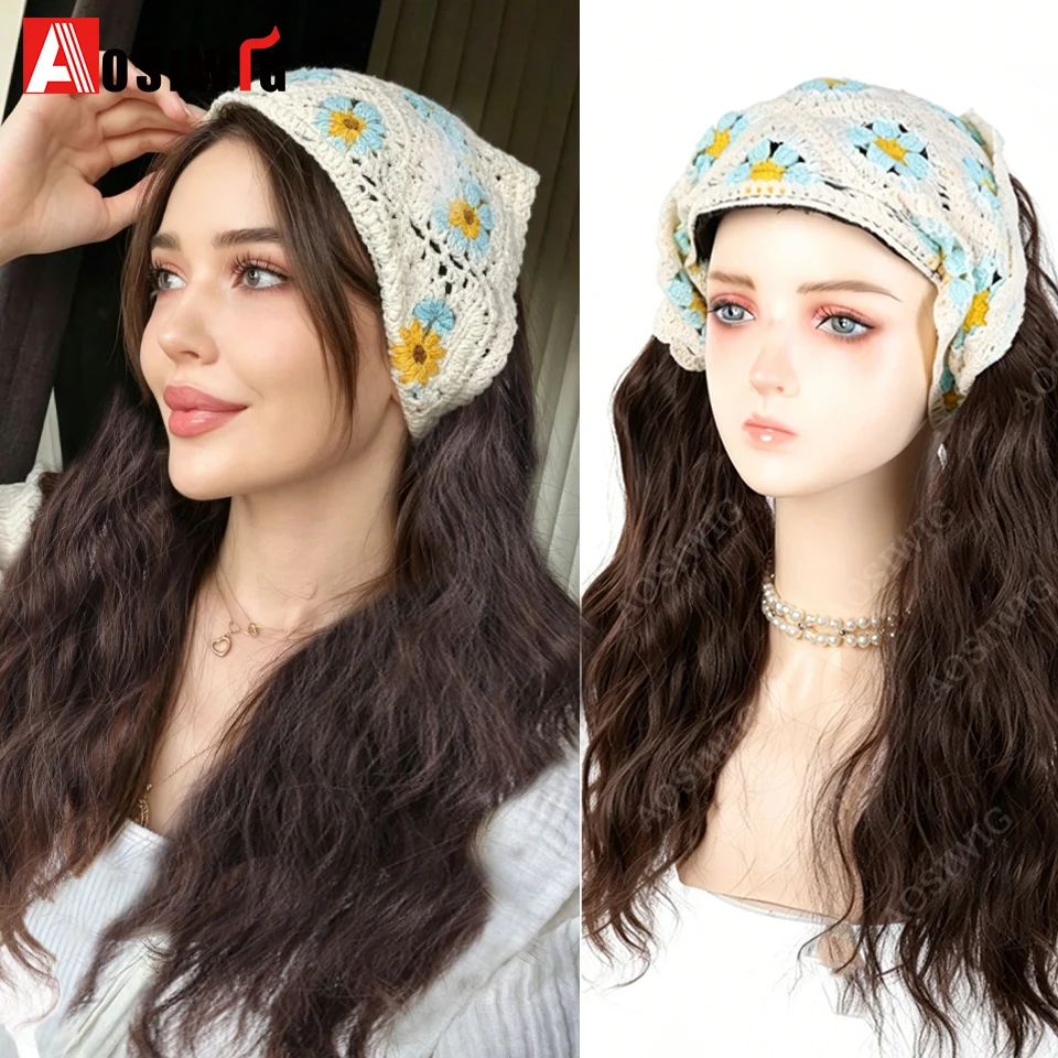 

24 Inch Synthetic Long Water Wave Half Wig With Blue Daisy Crochet Flower Headband Boho Style Brown Black Hairpiece For Women D