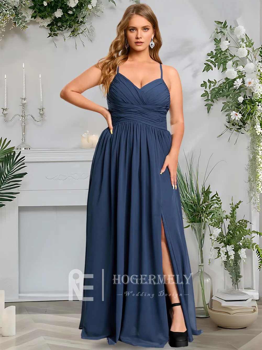 ​ ​ Vestidos de dama de honor de gasa hasta el suelo, elegantes, azul marino, corte en A, cuello en V, con bolsillos, tirantes finos para invitados de fiesta de boda