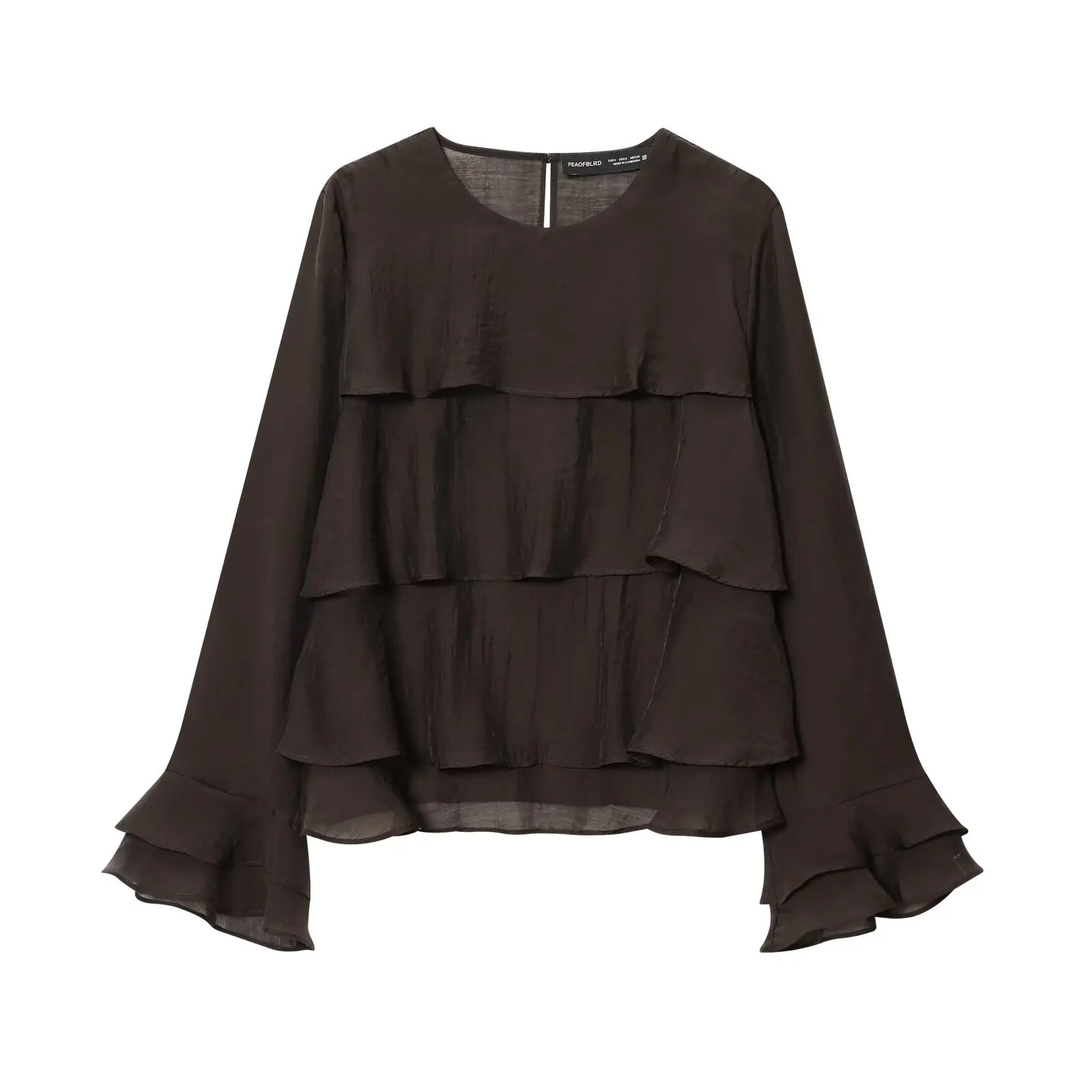 

Autumn New Women's Dark Brown Long-Sleeved Layered Loose Top, Casual, Stylish, and Versatile
