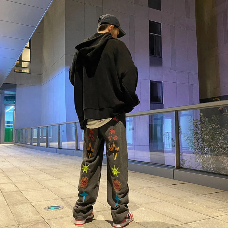 جديد المرأة الجينز محايد واسعة الساق سراويل جينز فضفاضة مستقيمة فاخرة الشباب الشارع عادية عبر التطريز الهيب هوب السراويل