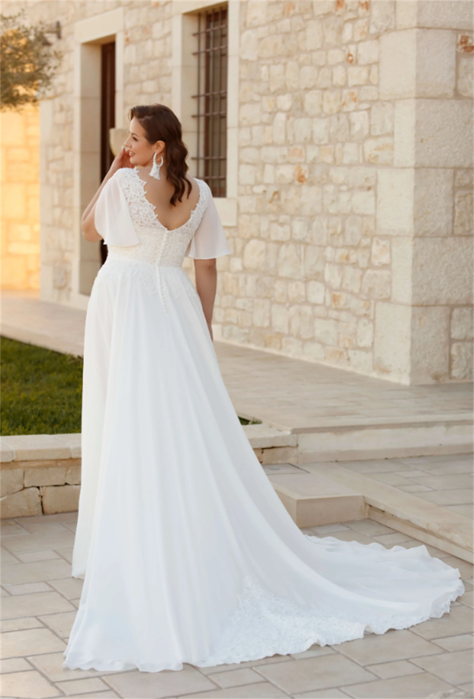 

EVON BRIDAL Batwing Sleeve Wedding Dress Plus Size 2025 V-Neck Chiffon Bride Gown Lace Applique Vestidos Novias Boda Customizd