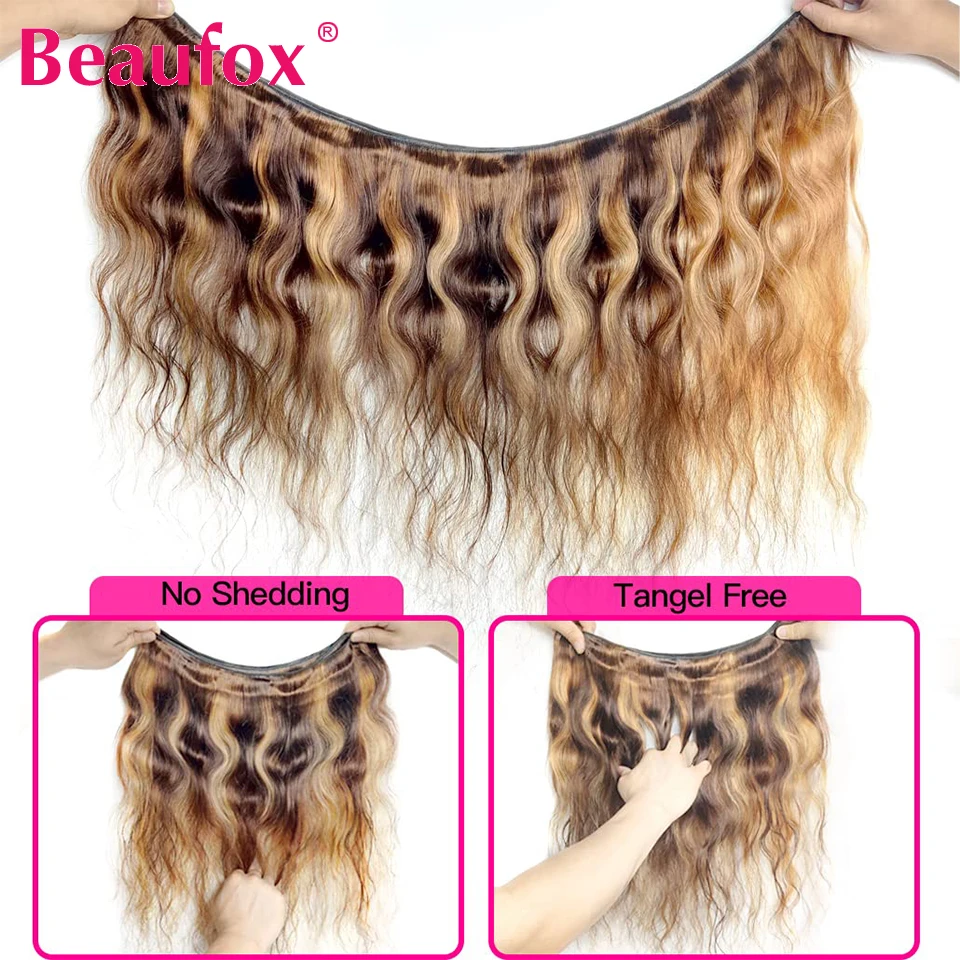 Beaufox Highlight Ombre fasci di capelli umani brasiliani marrone onda del corpo fasci di capelli umani 4/27 fasci biondi miele estensione dei capelli