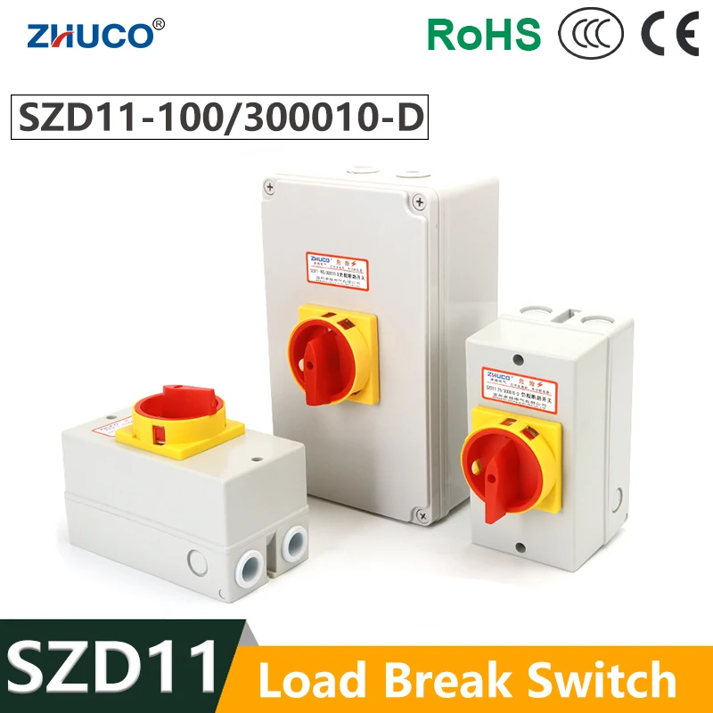 ZHUCO SZD11-100/300010-D 100A Pad Lock 3 Poles 3P Rotary Cam Isolator On-Off  Load Break Switch With Waterproof Box