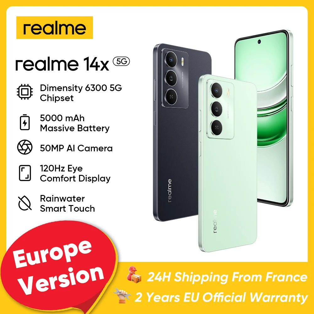 Smartphone Realme 14X 5G 8GB 256GB, Pantalla de 6.67″ y 120Hz, Procesador Mediatek Dimensity 6300 de Ocho Núcleos, Batería de 5000mAh, Cámara IA de 50MP, NFC IP64 Android 15