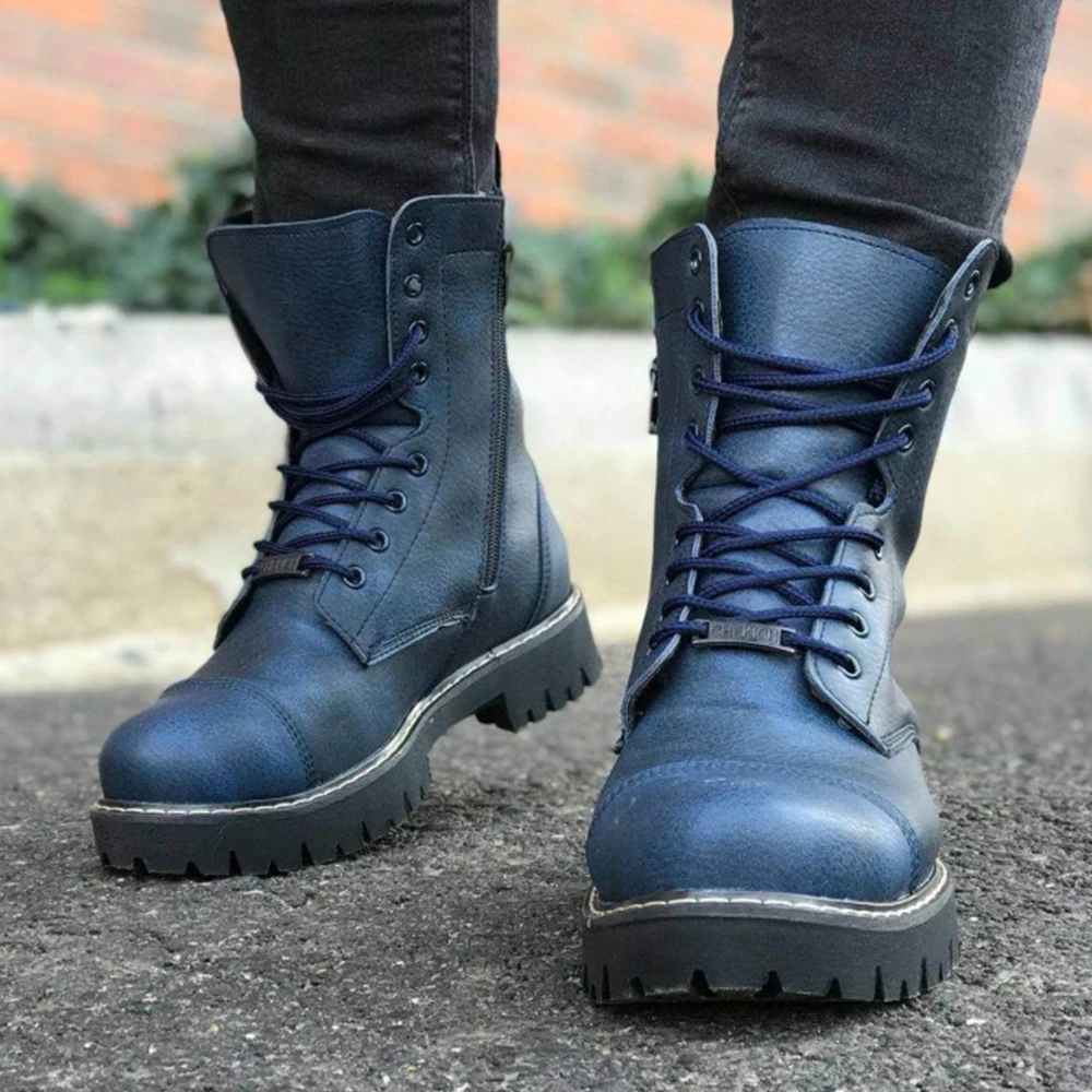 FOH Store 2023 Boots for Men NAVY BLUE Lacing and Zipper Non-Leather Winter Fashion Snow Large Sizes Ankle Sports Comfortable Warm Design Man's Shoes Easily Wear Breathable Footwear 009