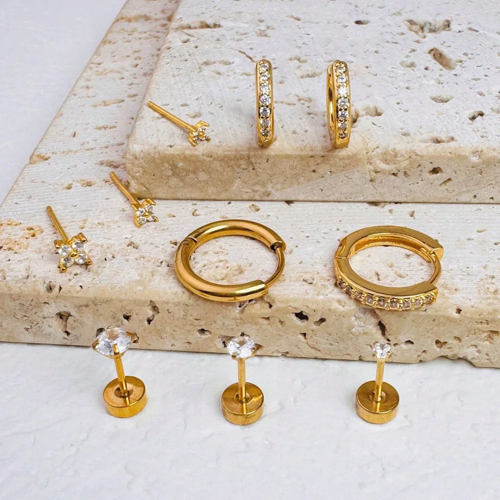 10/3 Pcs Stainless Steel Stud Hoop Stackable Earrings For Women, 14K Gold Plated Zirconia Flat Back Stud Trendy Earrings