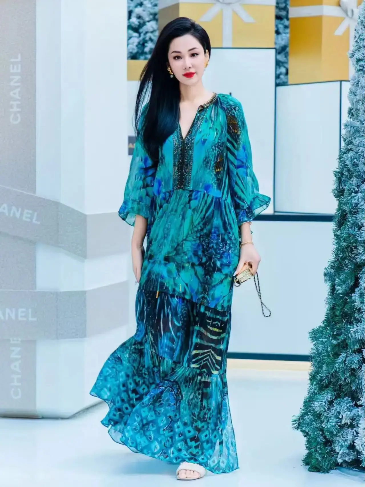 エレガントで豪華なボヘミアン風サマーロング100％シルクドレス